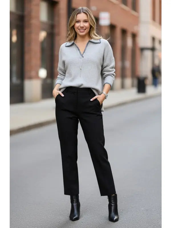 Contrast Trim Collared Sweater (Relaxed Knit Pullover | Gray)