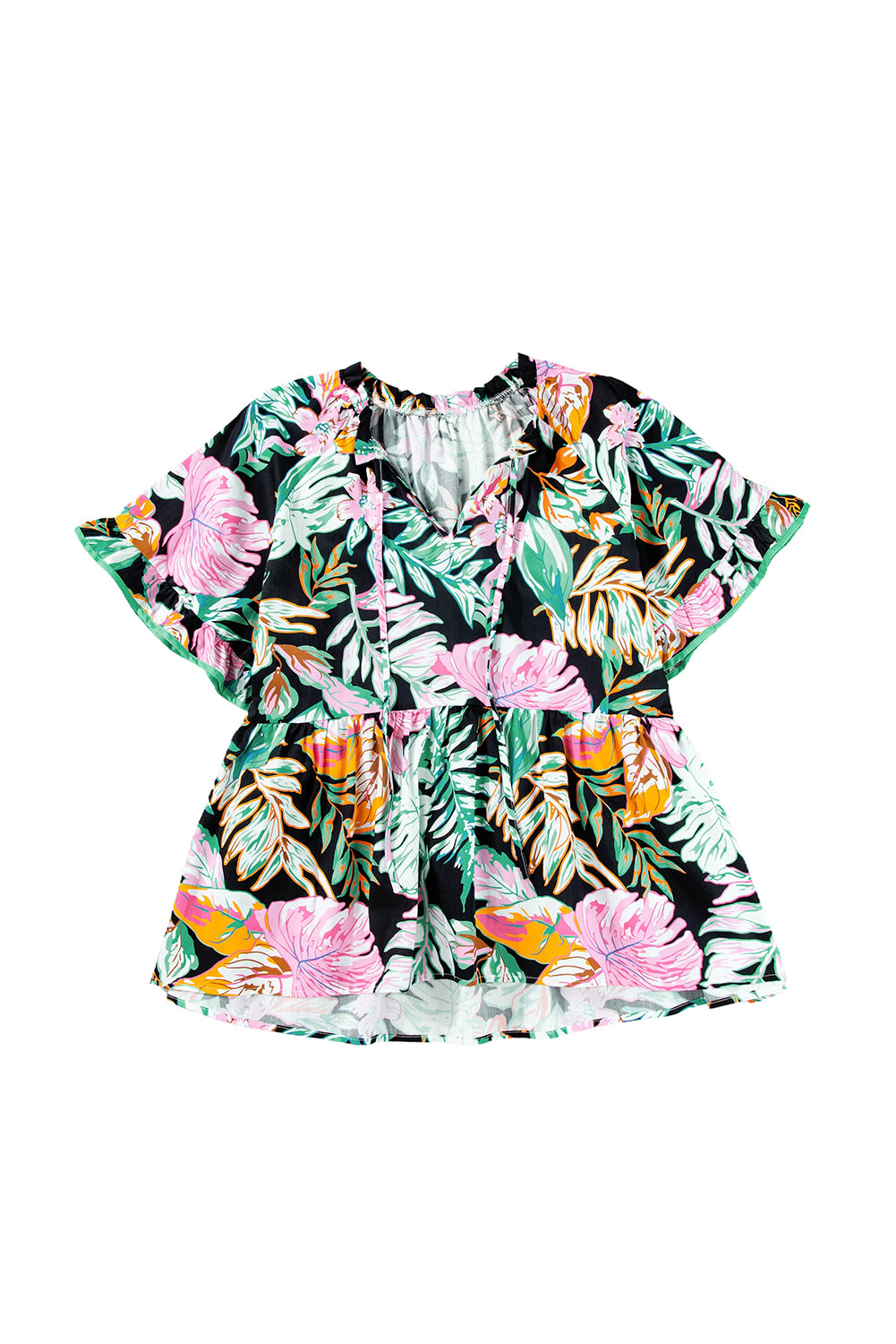 Tropical Print Peplum Blouse with Flutter Sleeves – Bold and Flowy