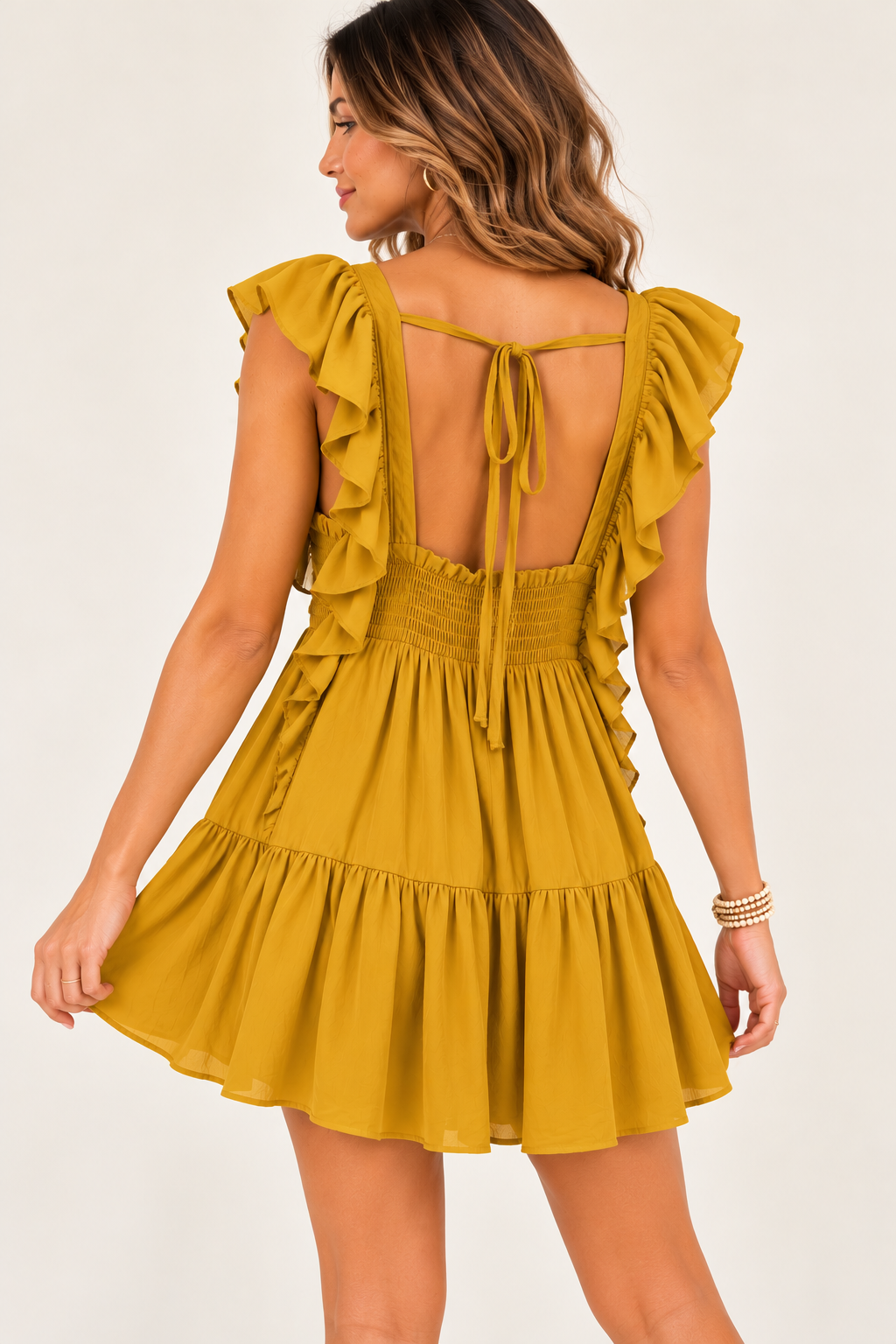 Free People Mustard Yellow Smocked Ruffle Mini Dress – Size XS