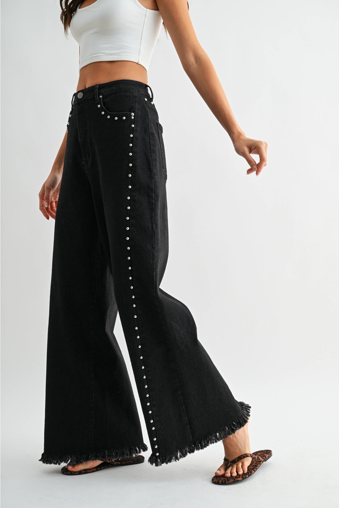 Camellia Black Studded Wide-Leg Jeans | Frayed Hem