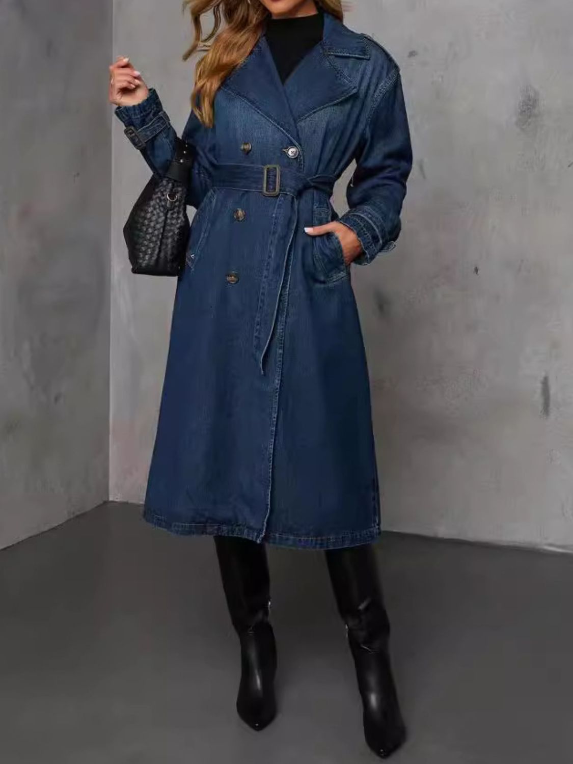 Longline Double-Breasted Denim Trench Coat