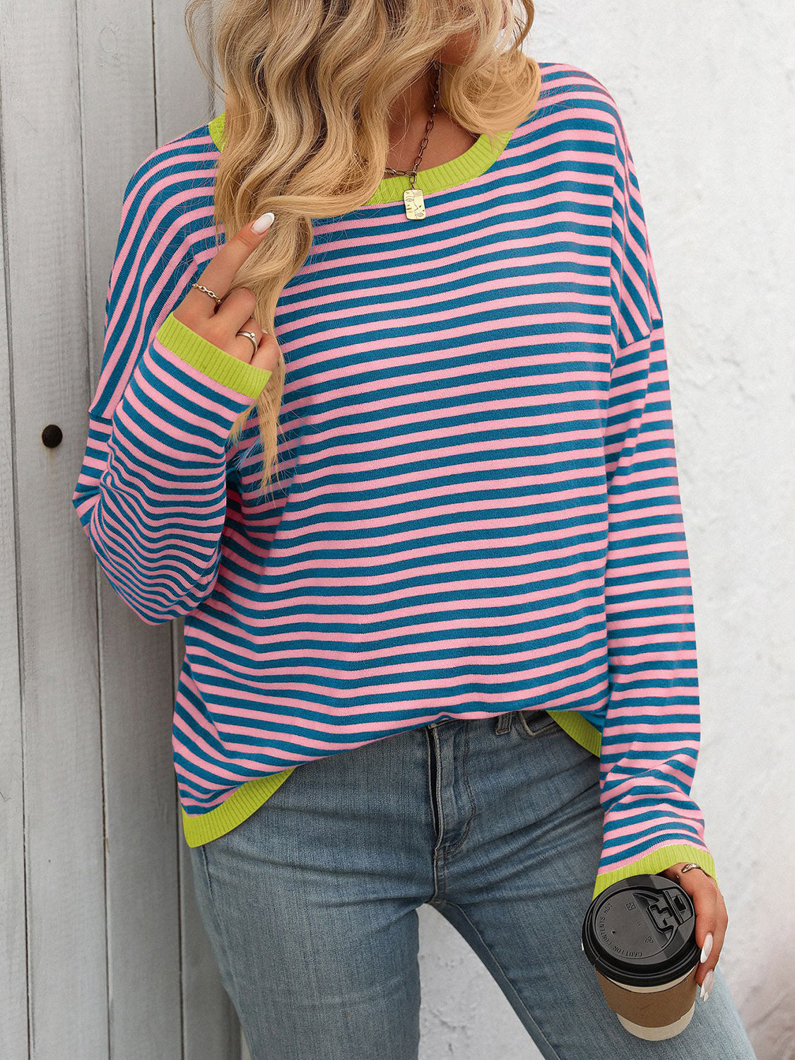 Striped Casual Knit Sweater with Red Trim