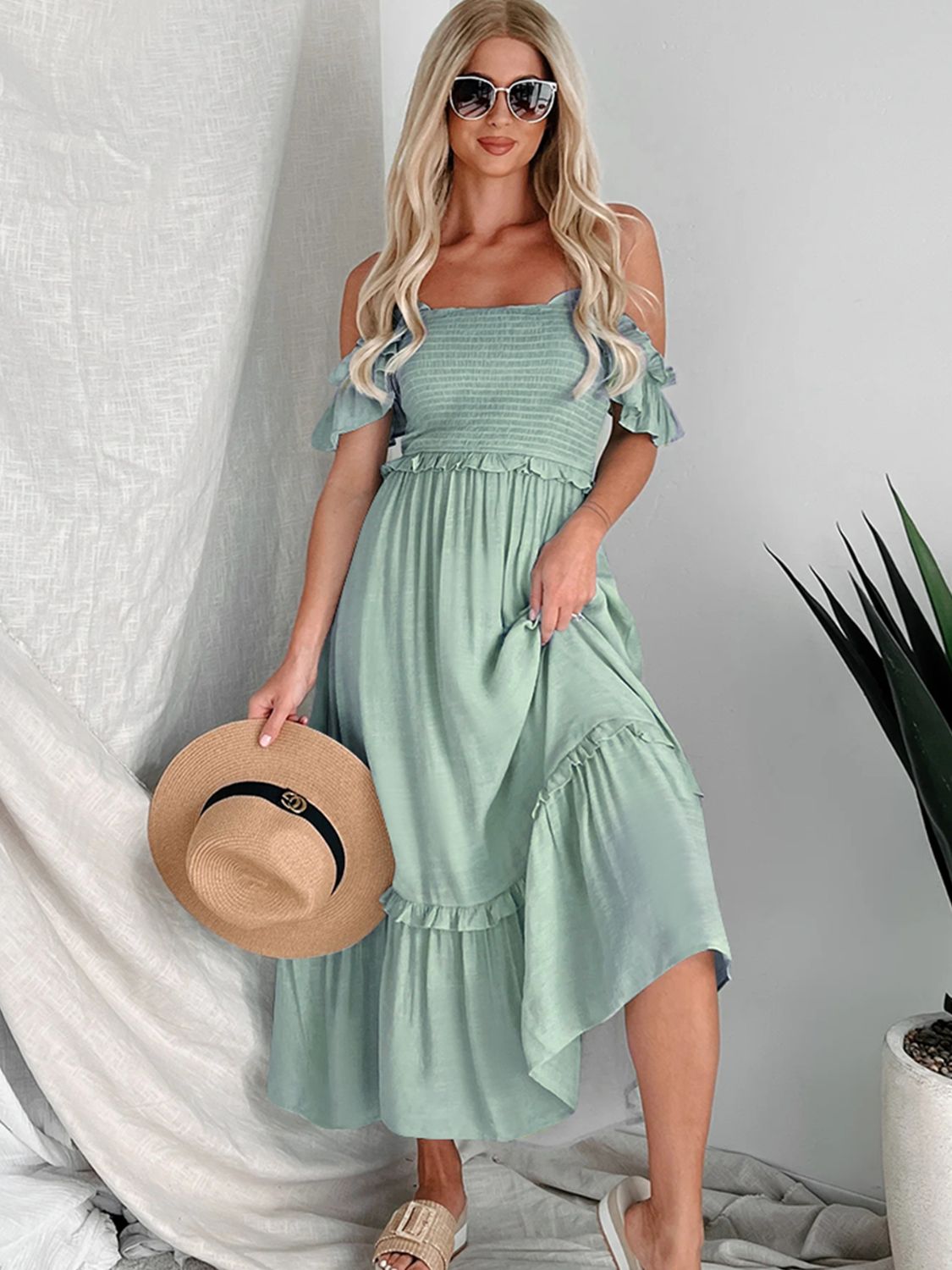 Sage Green Off-Shoulder Ruffle Maxi Dress