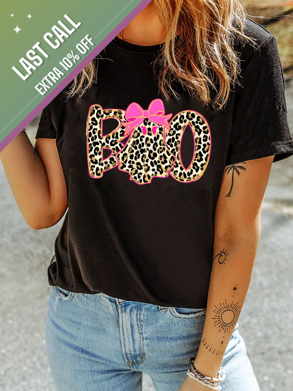 Badged - Leopard Boo Ghost Graphic Tee (Pink Bow Halloween T-Shirt)
