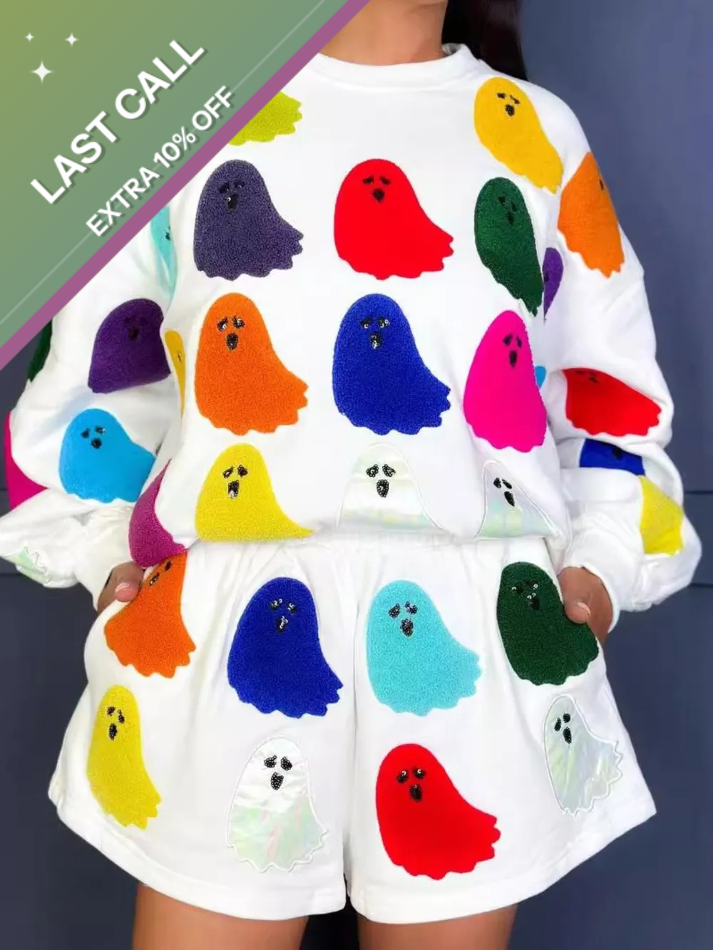 Badged - Colorful Ghost Halloween Lounge Set (Sweatshirt + Shorts)