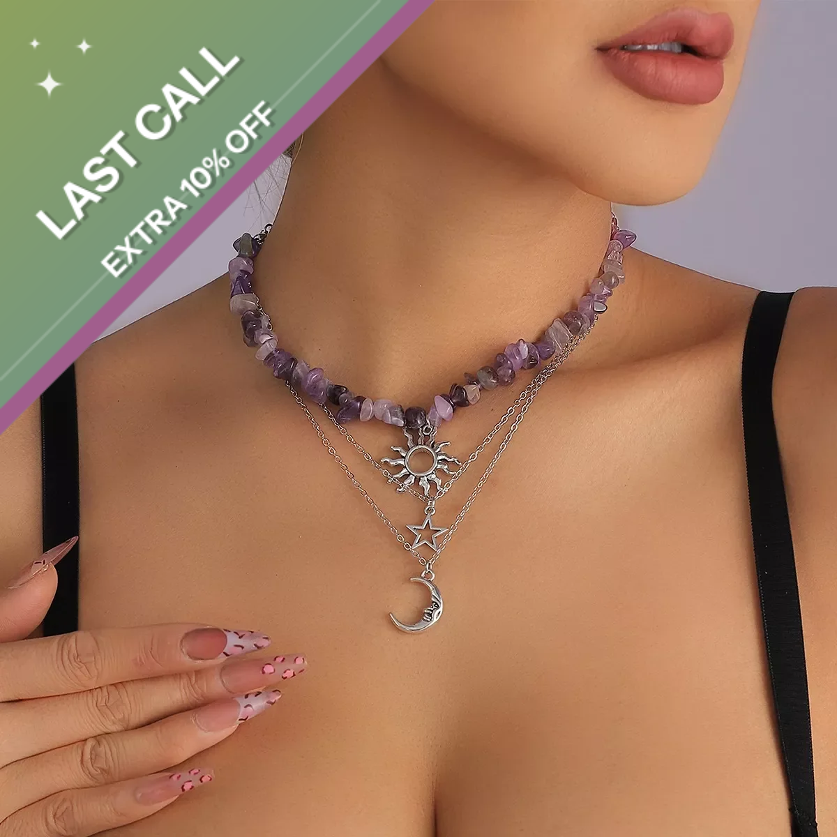 Badged - Purple Crystal Beaded Layered Necklace (Sun, Star & Moon Charms)