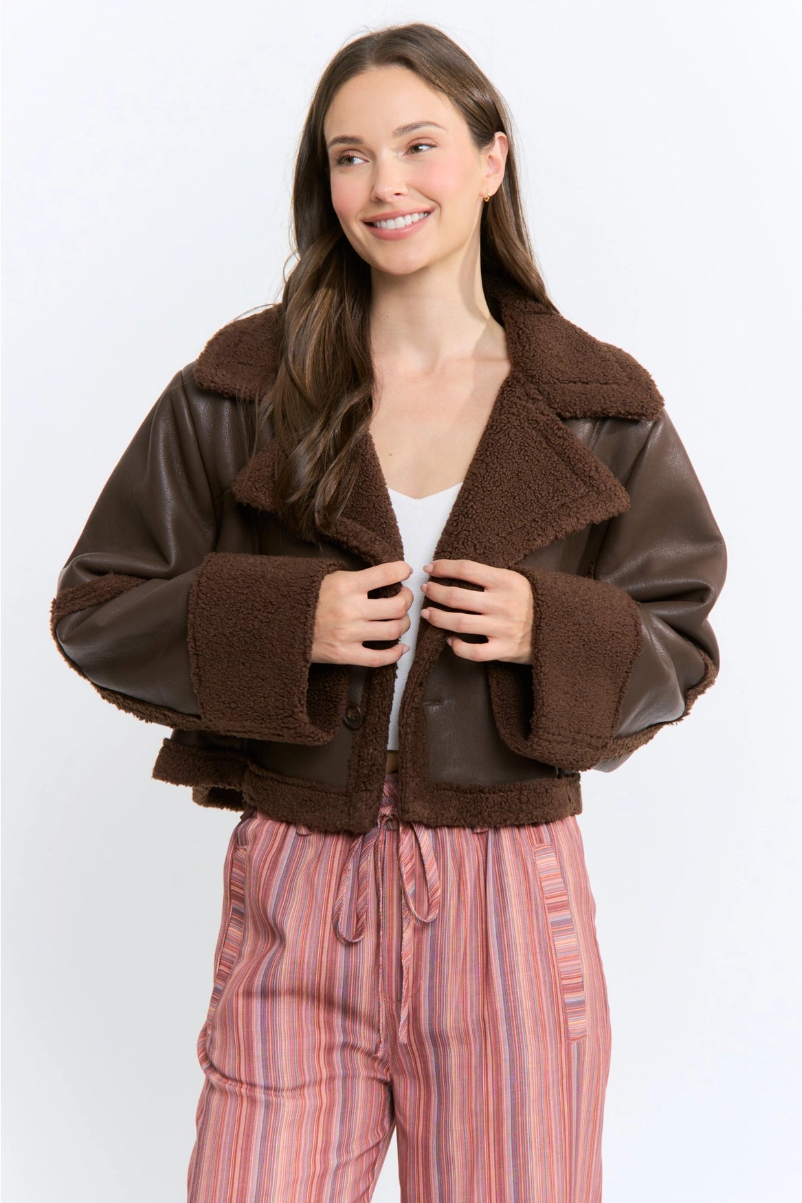 Camellia Luxe Faux Leather & Sherpa Jacket | Chocolate Brown