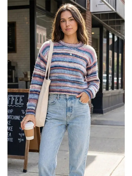Multicolor Stripe Fuzzy Sweater (Cozy Knit Pullover)