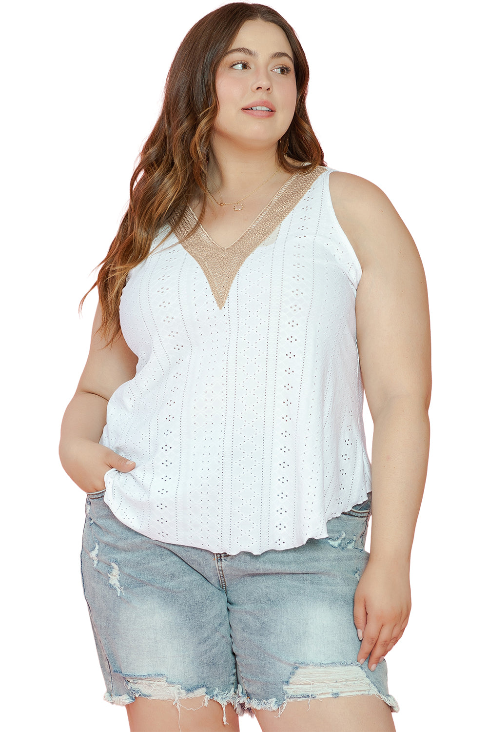 White Eyelet V-Neck Tank Top – Casual and Breezy Summer Staple