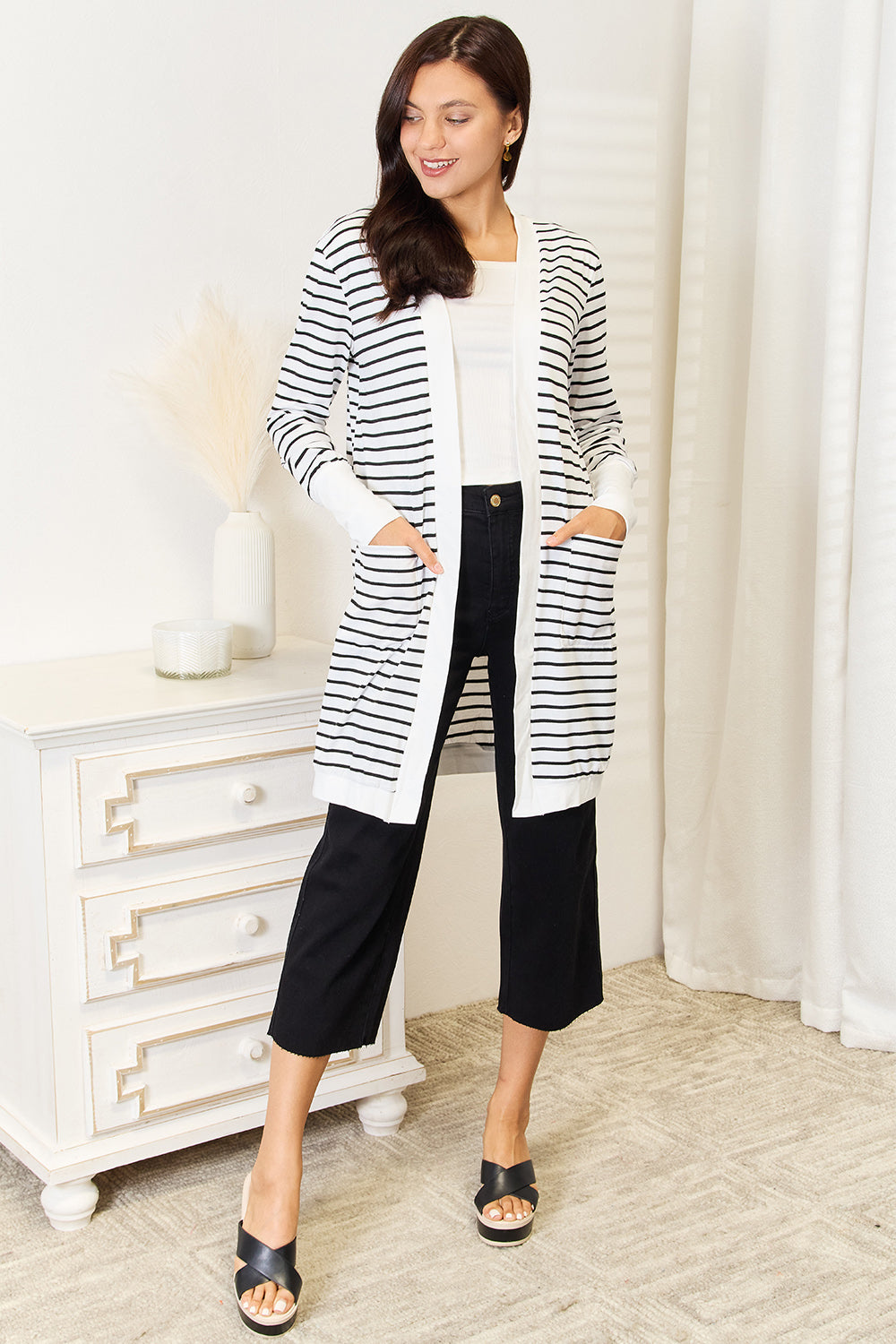 Striped Open-Front Cardigan with Pockets - Classic Black & White
