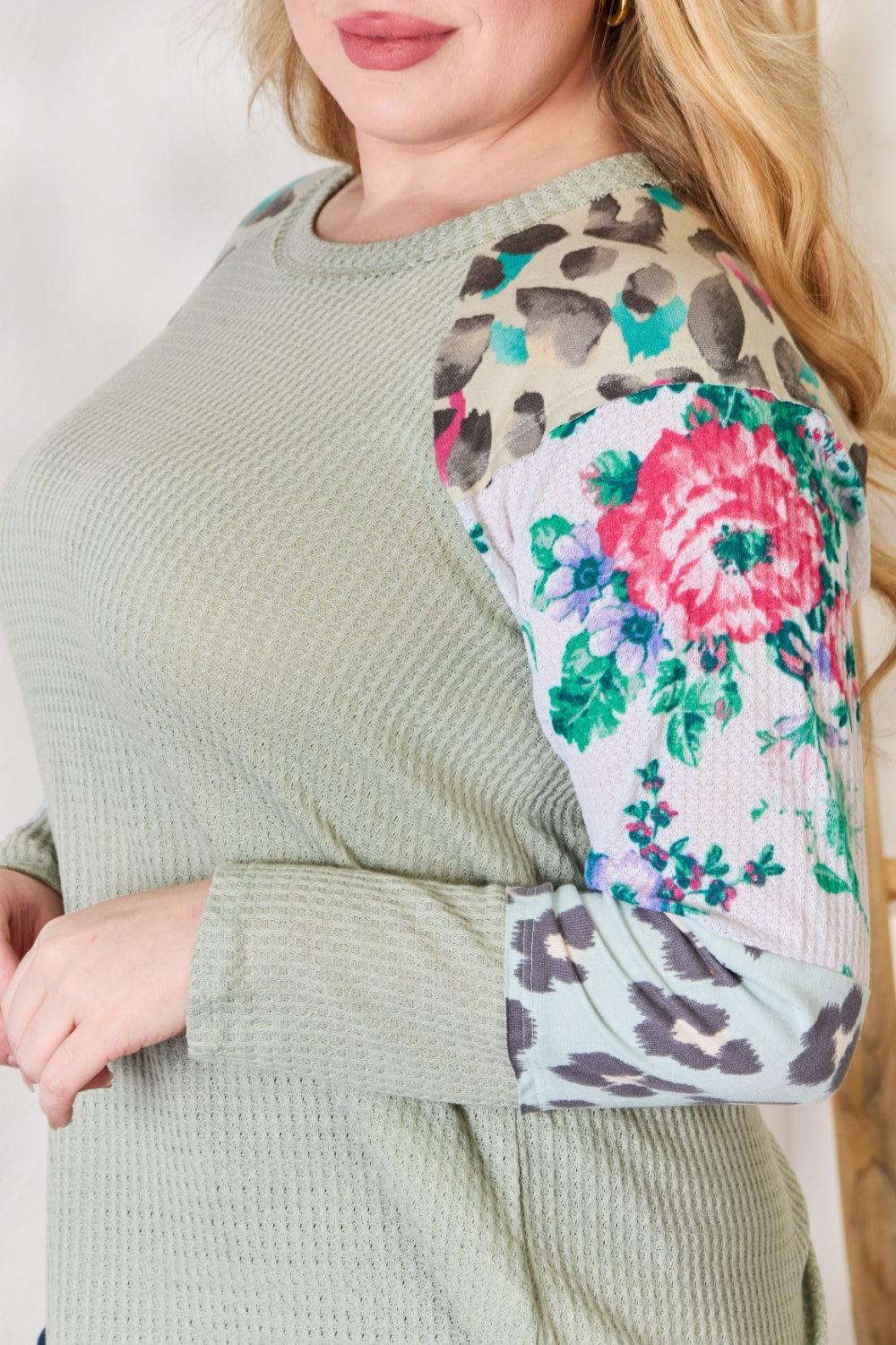 Sage Green Waffle Knit Top with Floral & Leopard Print Sleeves