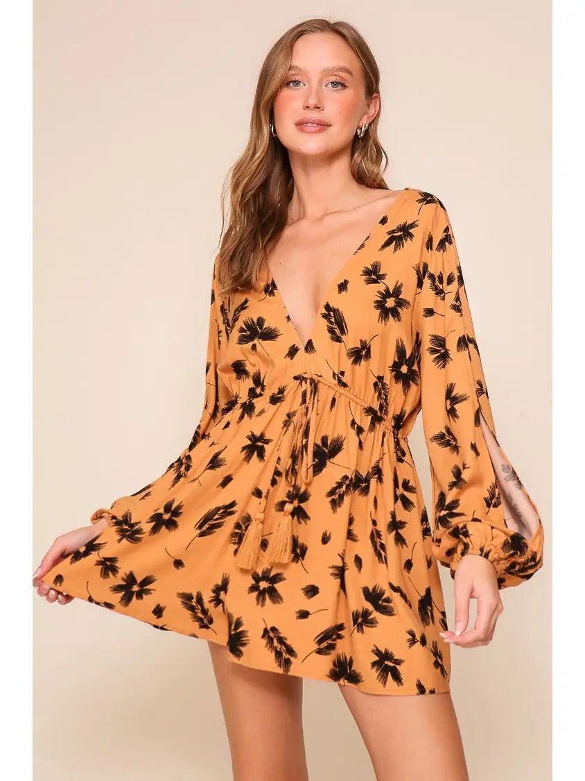Tropical Print Long Sleeve Romper (Tie-Front V-Neck)