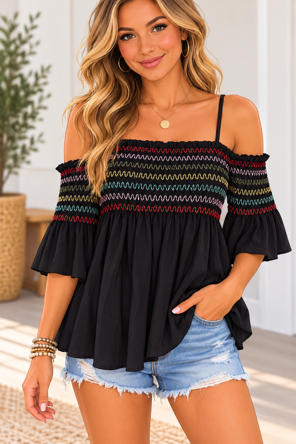 Umgee Black Boho Smocked Embroidered Top β Size Large