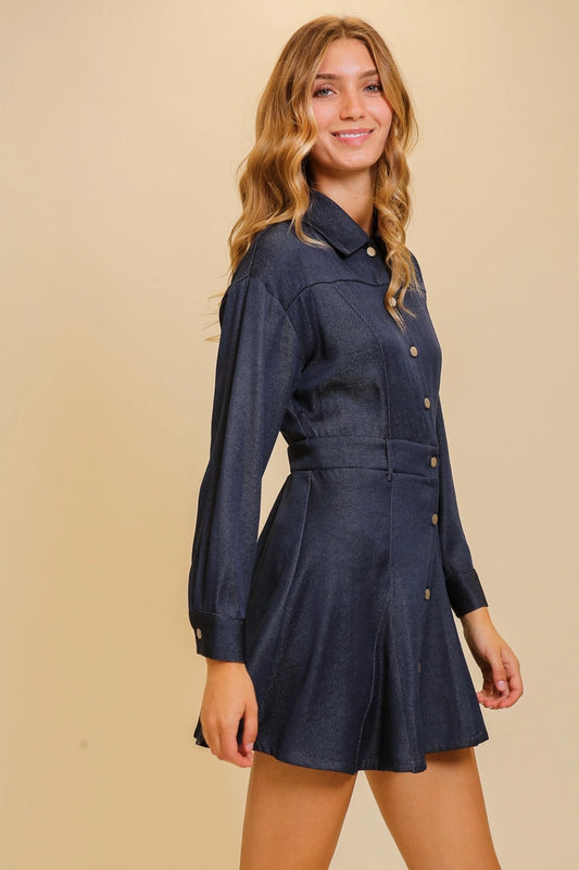 Button-Front Denim Shirt Dress (Long Sleeve Mini)