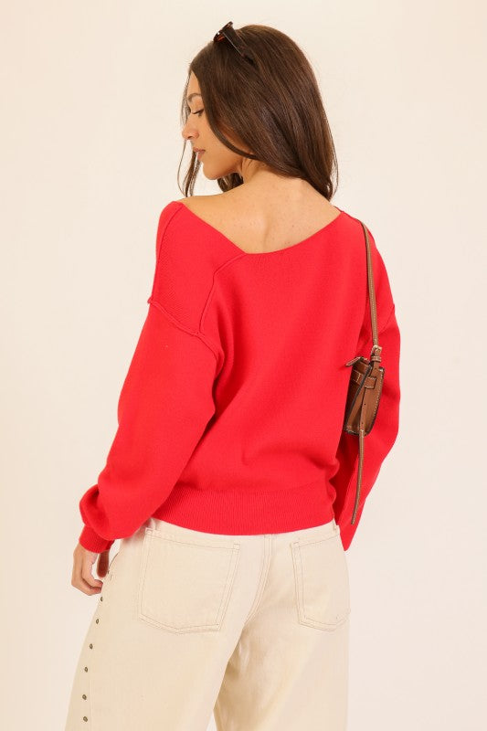 Lightweight V-Neck Sweater (Relaxed Fit Pullover | Red)