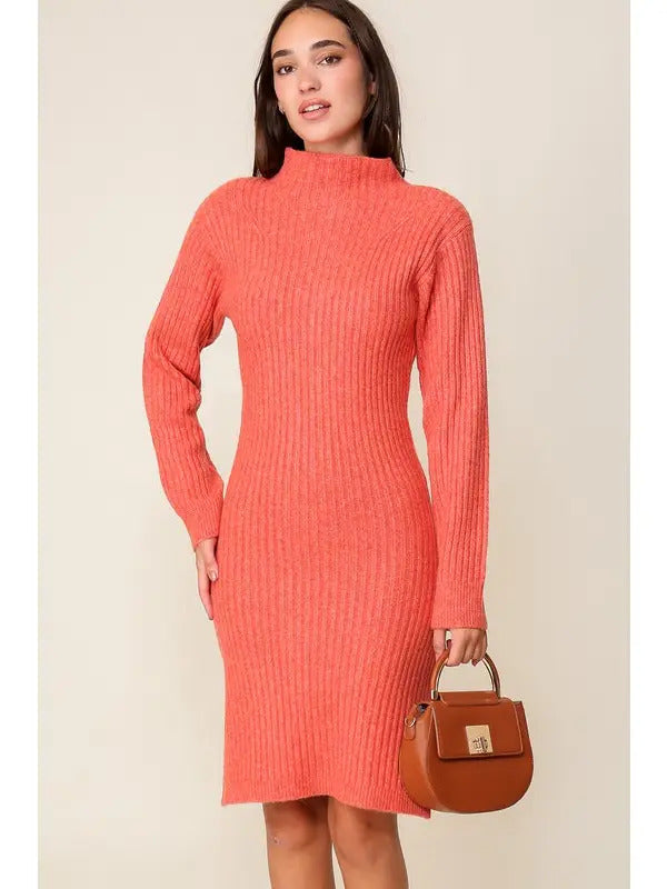 Ribbed Mock Neck Sweater Dress (Long Sleeve Midi)