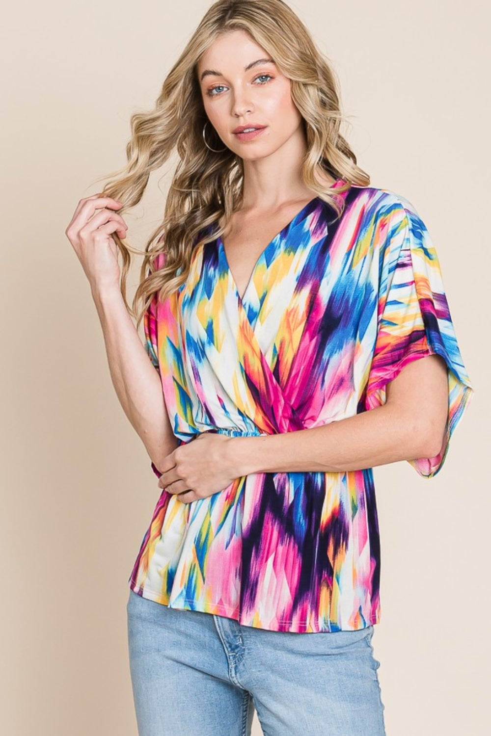 Vibrant Multi-Color V-Neck Blouse – Bold & Beautiful Style