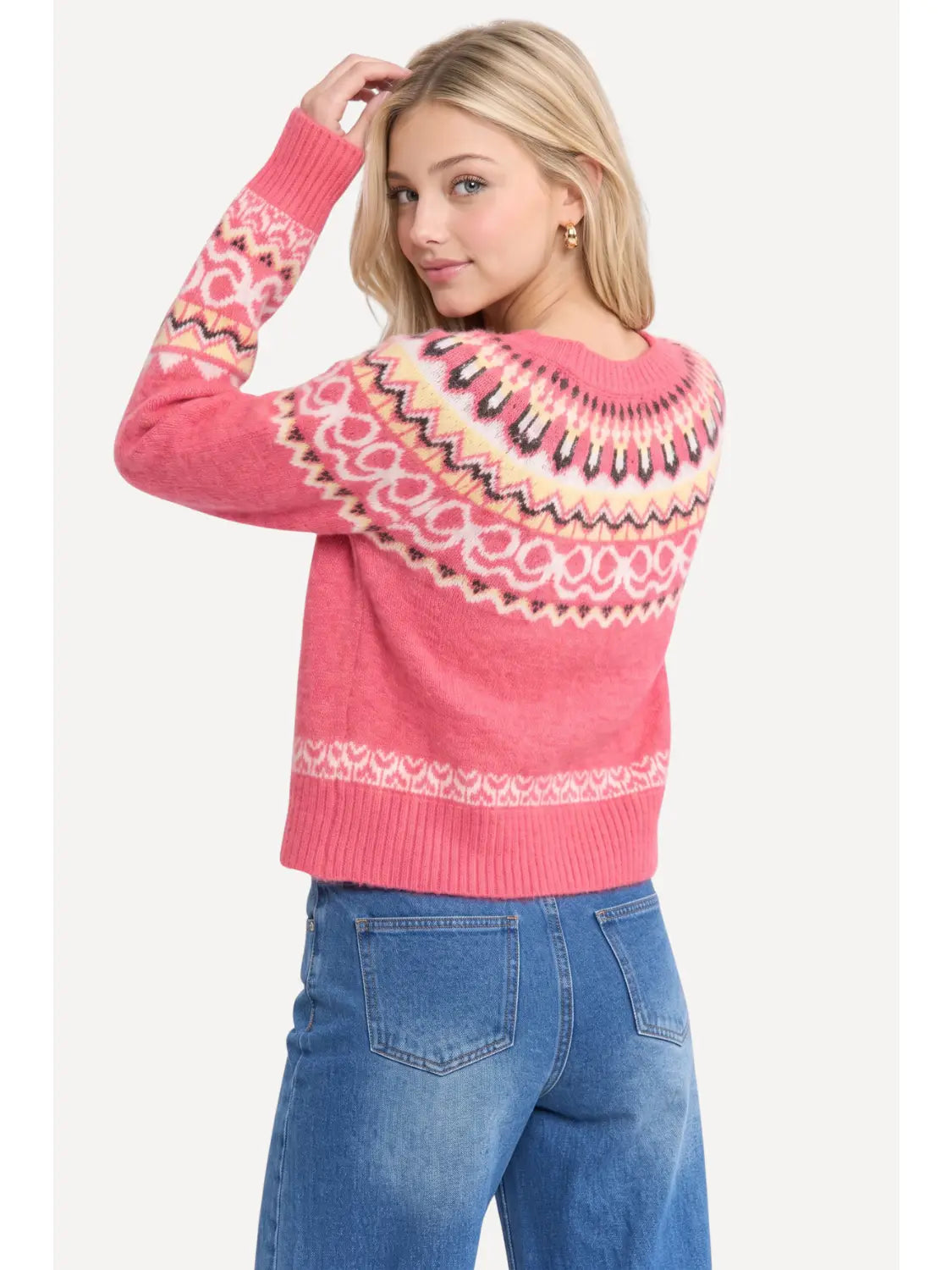 Camellia Pink Fair Isle Knit Cardigan | Saturday Luxe Lunch