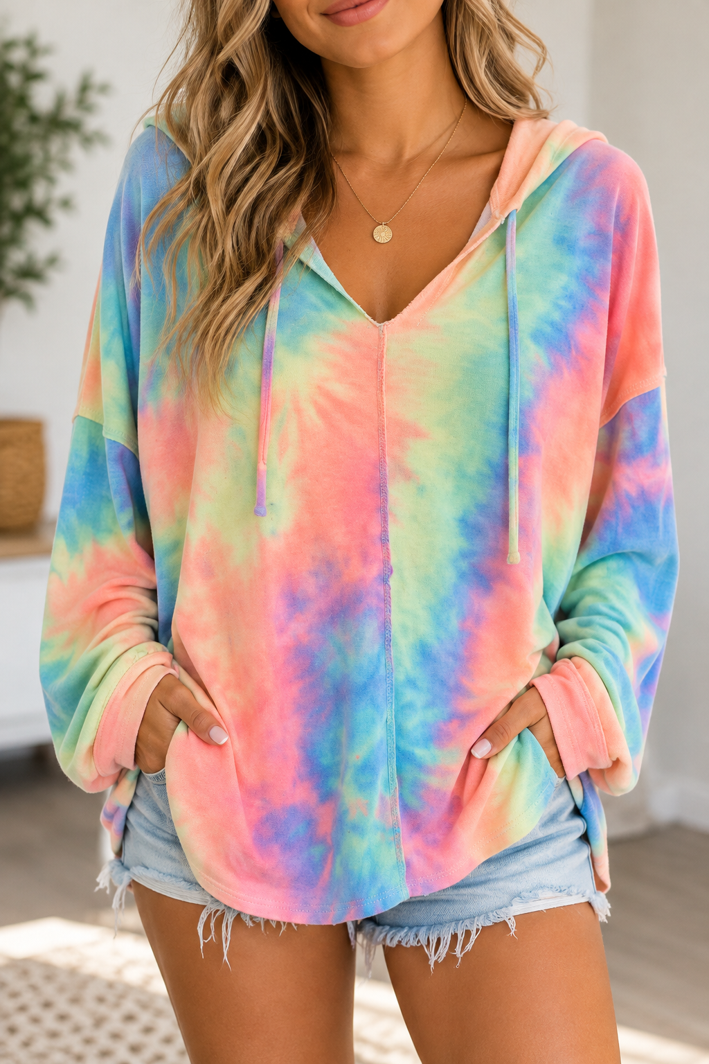 BIBI Pink Pastel Tie-Dye Hooded Top โ Size Large
