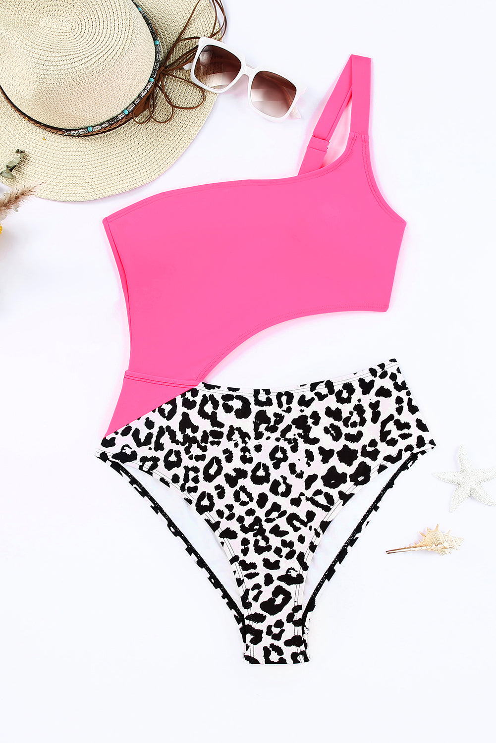 One-Shoulder Neon Pink & Leopard Print Swimsuit