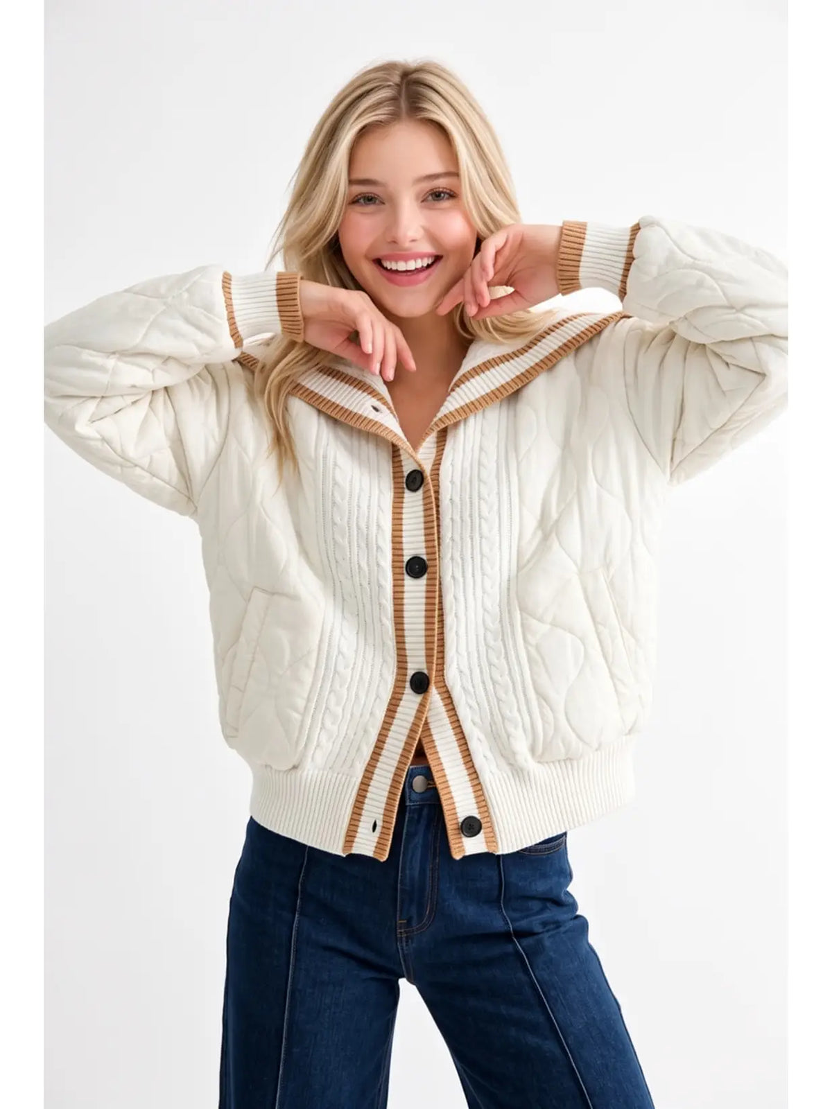 Camellia Luxe Quilted Cable-Knit Cardigan | Ivory & Camel