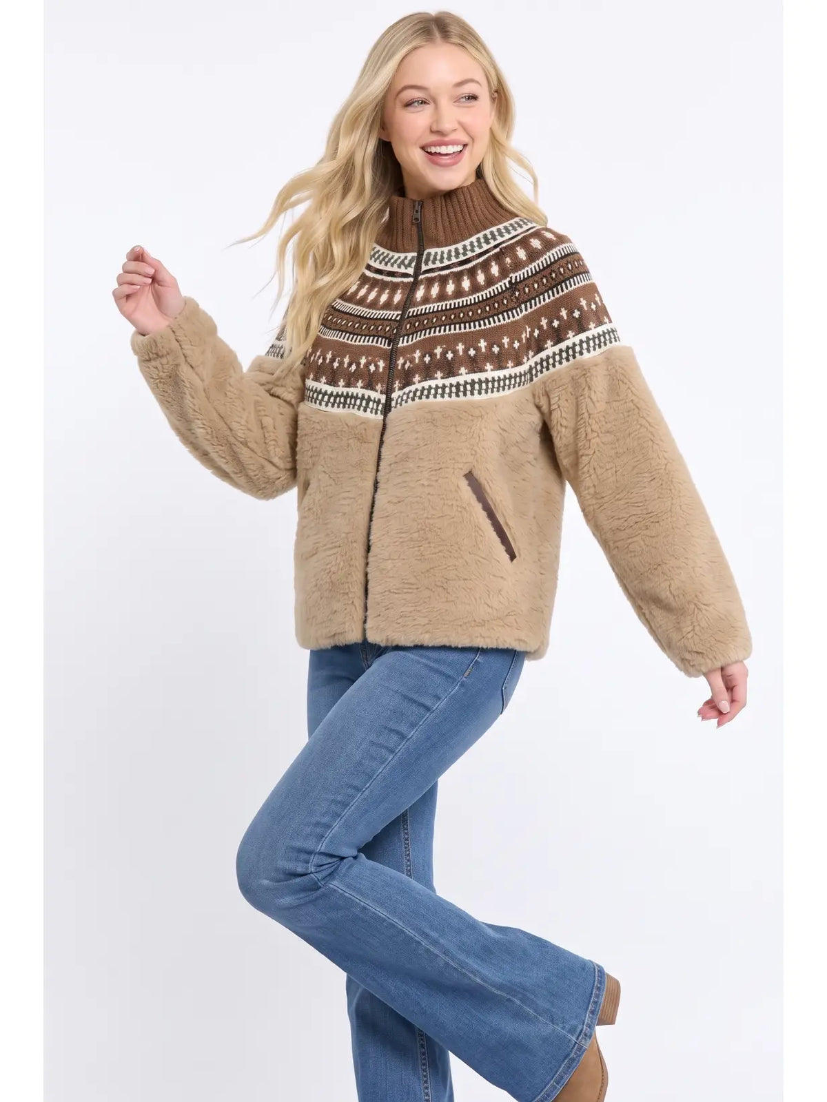 Camellia Luxe Fair Isle Faux Fur Jacket | Mocha & Camel