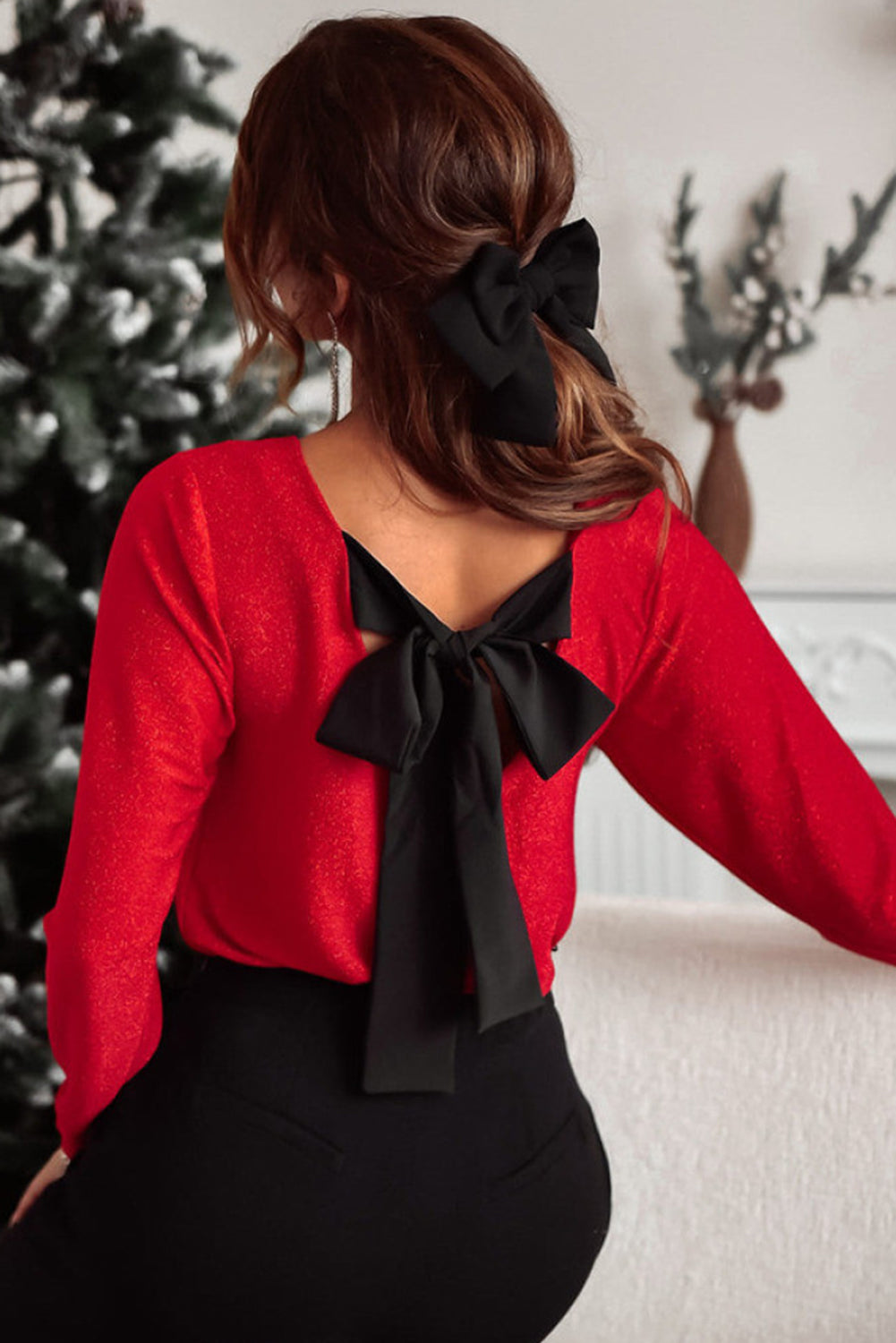 Red Glitter Top with Black Bow Back Detail