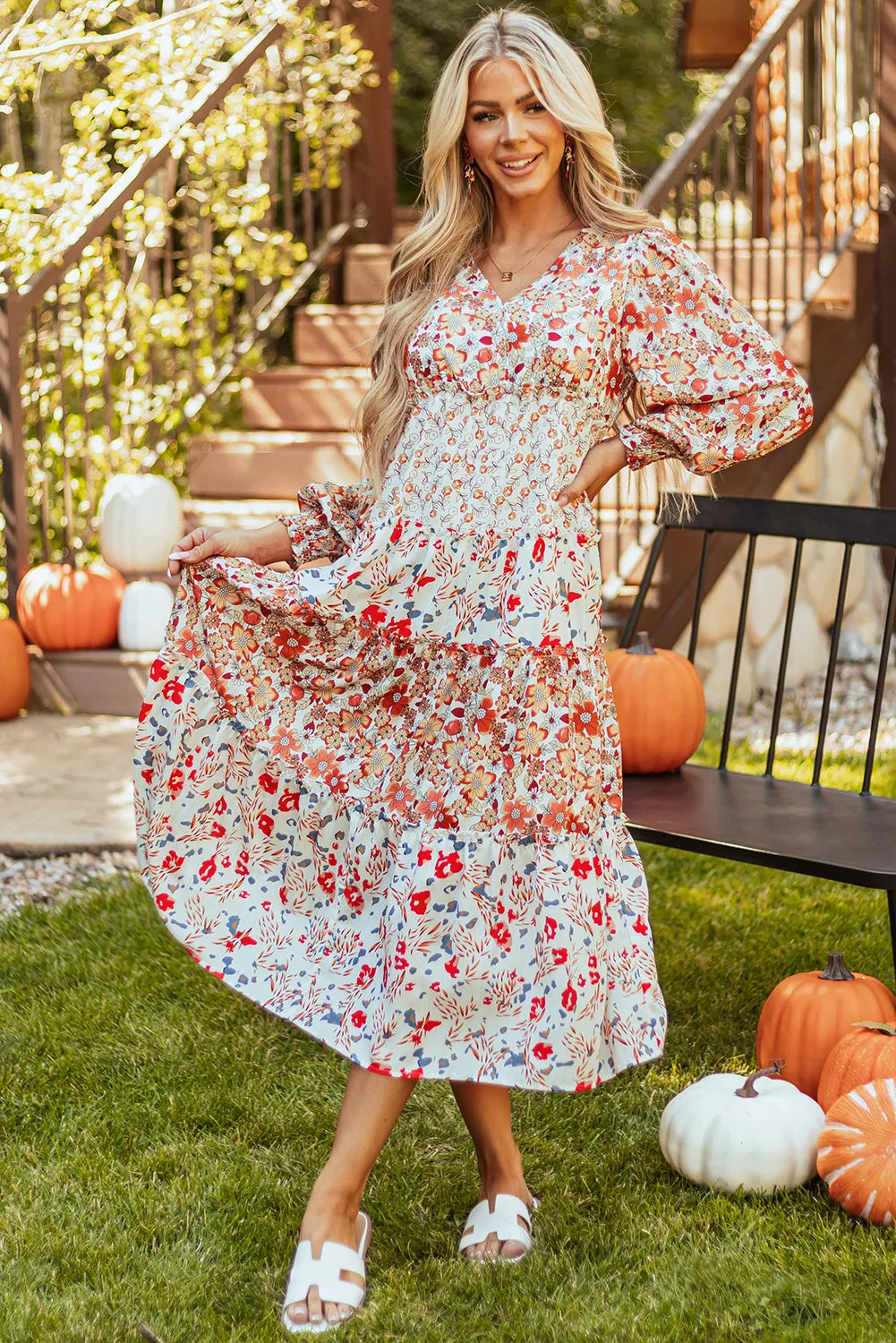 Floral Patchwork Tiered Midi Dress