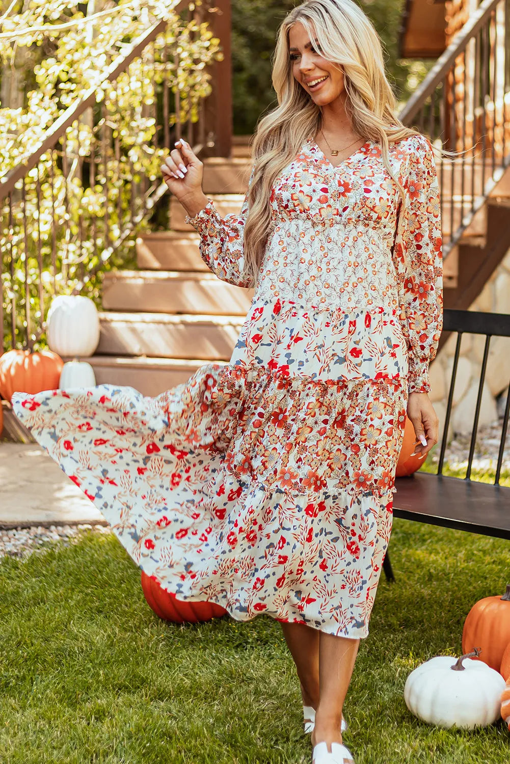 Floral Patchwork Tiered Midi Dress