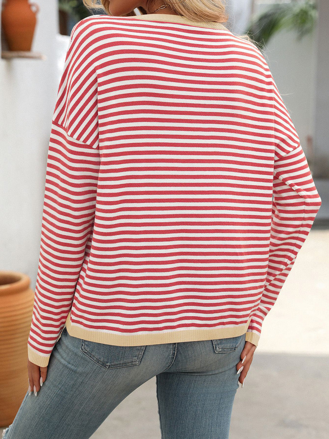 Striped Casual Knit Sweater with Red Trim