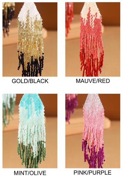 Ombre Beaded Fringe Earrings (Long Statement Dangles)