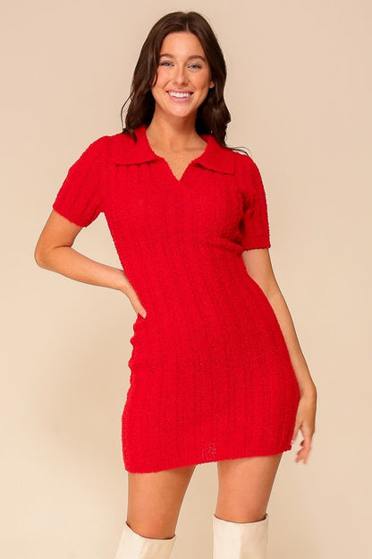 Textured Knit Polo Sweater Dress (Short Sleeve Mini | Red)