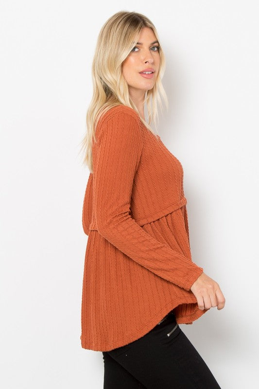 Rust Textured Babydoll Top - Cozy Chic Style