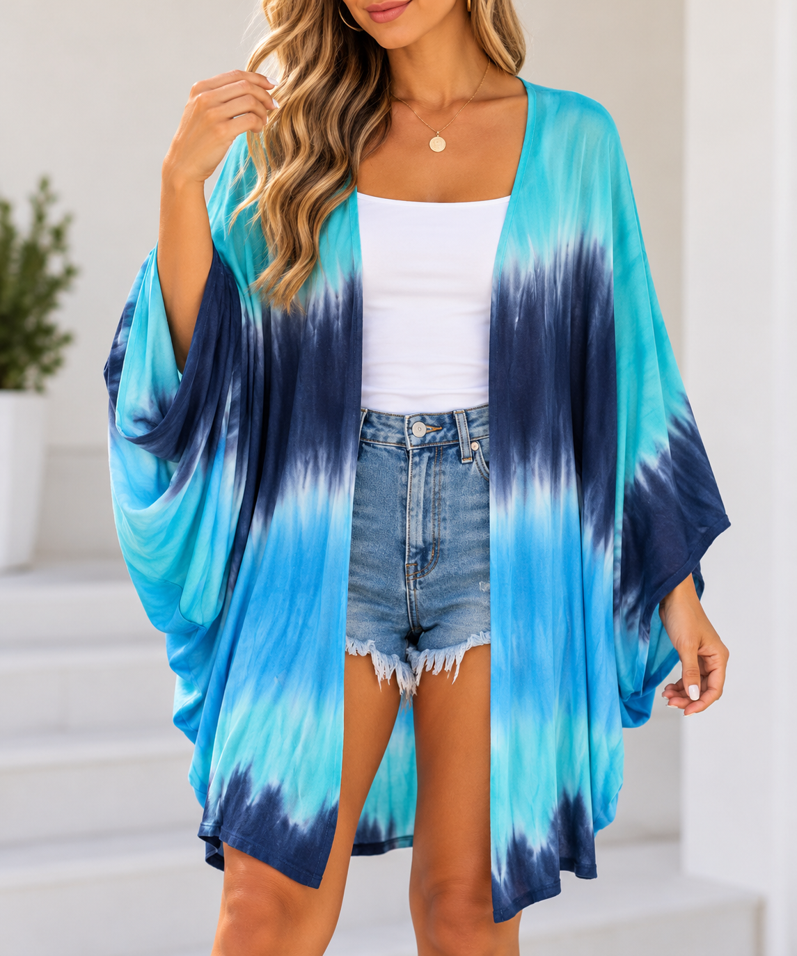 Umgee Turquoise & Navy Tie-Dye Kimono Cardigan – L/XL NWT