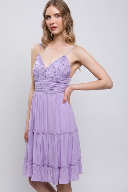 Lilac Crochet Tiered Midi Dress