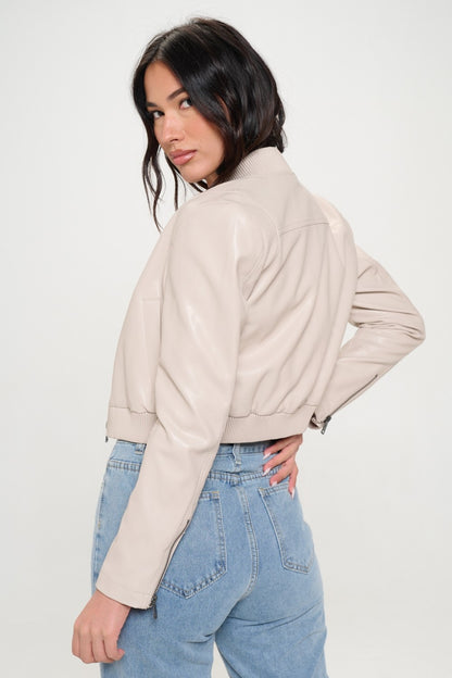 Sleek Beige Faux Leather Bomber Jacket