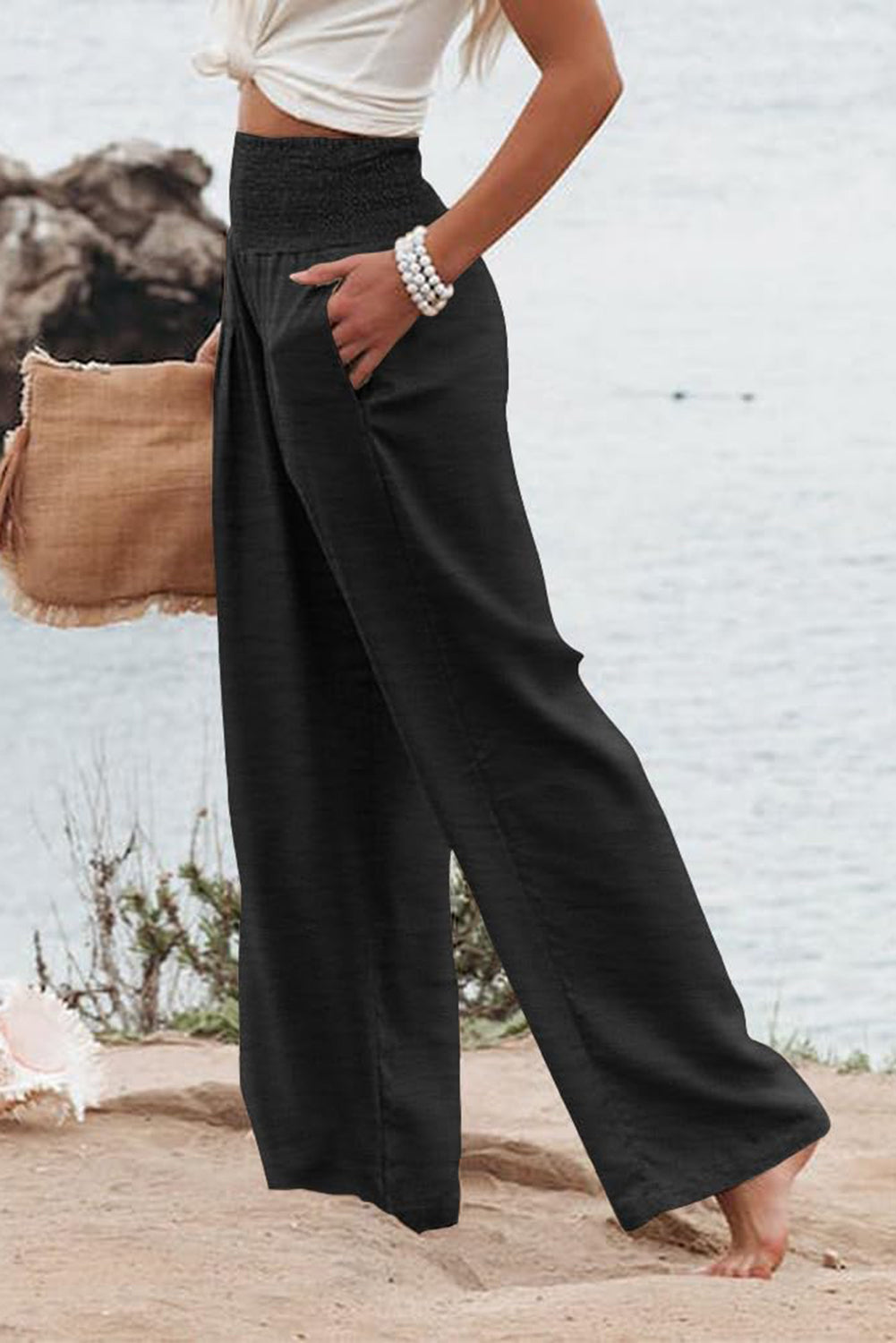 Black Smocked High-Waisted Wide-Leg Pants – Effortlessly Comfortable