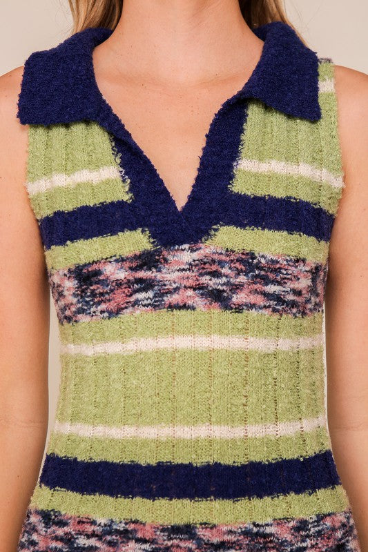 Striped Sweater Polo Midi Dress (Sleeveless Knit)