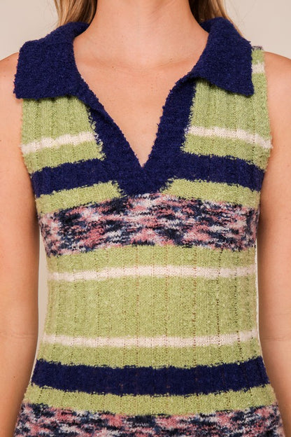 Striped Sweater Polo Midi Dress (Sleeveless Knit)