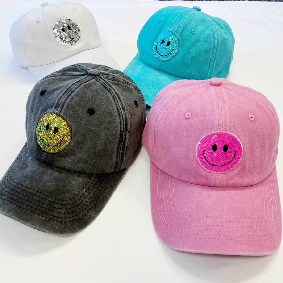 Sequin Smiley Face Baseball Cap (Washed Dad Hat | Multiple Colors)