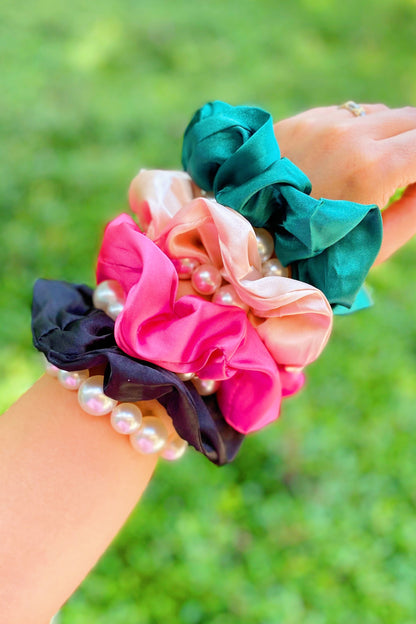 Satin Scrunchie Set with Pearl Beads (4-Pack Hair Ties)