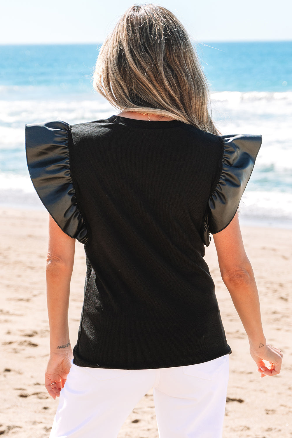 Black Ruffle Sleeve Top with Faux Leather Detail – Chic Statement Shoulder Tee