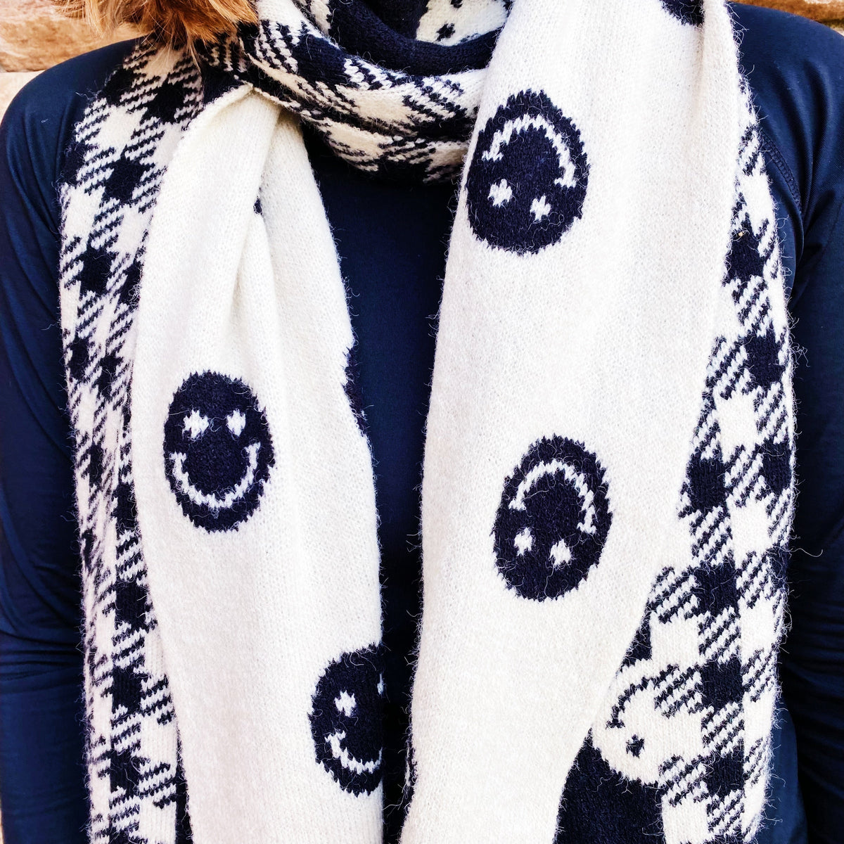 Smiley Face Plaid Knit Scarf (Cozy Winter Wrap | Black/White)