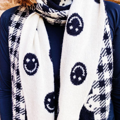 Smiley Face Plaid Knit Scarf (Cozy Winter Wrap | Black/White)