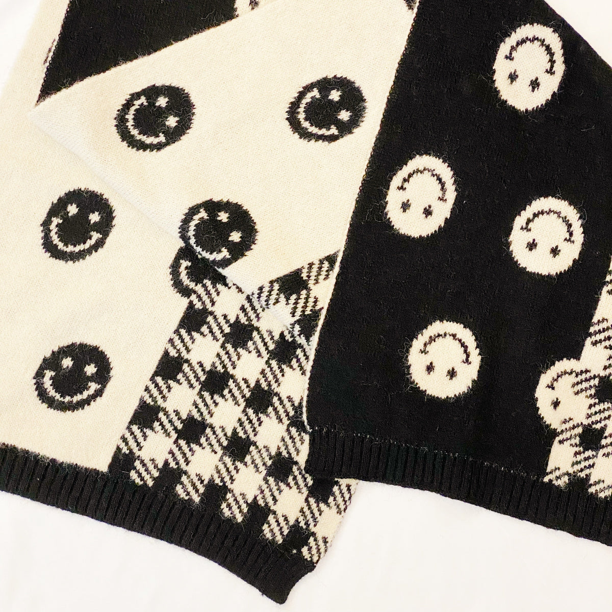 Smiley Face Plaid Knit Scarf (Cozy Winter Wrap | Black/White)