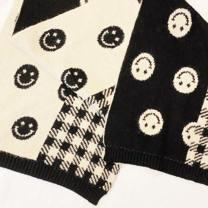 Smiley Face Plaid Knit Scarf (Cozy Winter Wrap | Black/White)