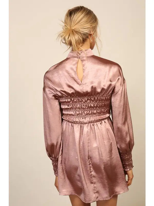 Smocked Satin Mini Dress (Mock Neck Balloon Sleeve)