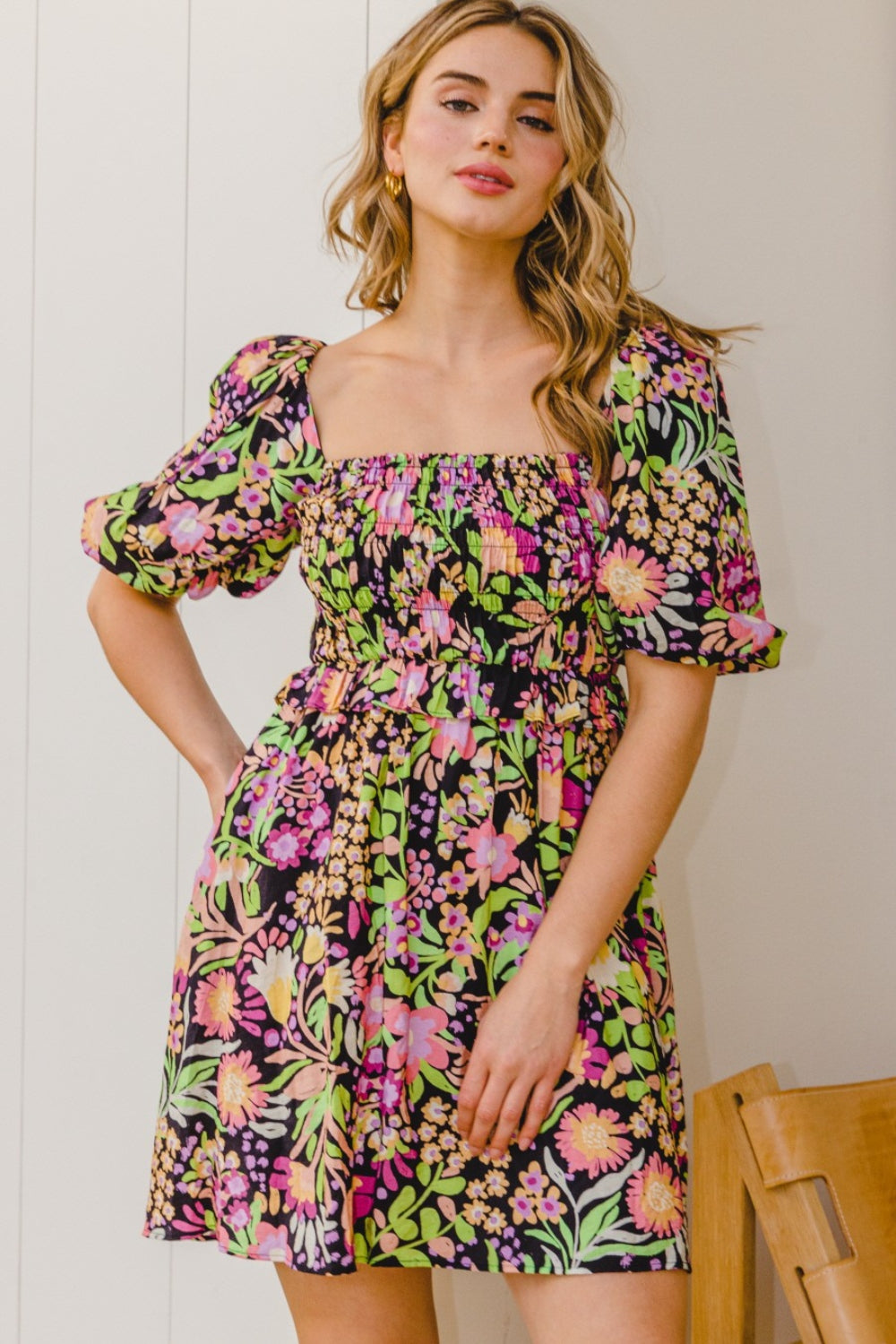 Floral Smocked Mini Dress – Vibrant and Travel-Ready