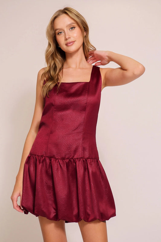 Satin Bubble Hem Mini Dress (Square Neck | 2 Colors)