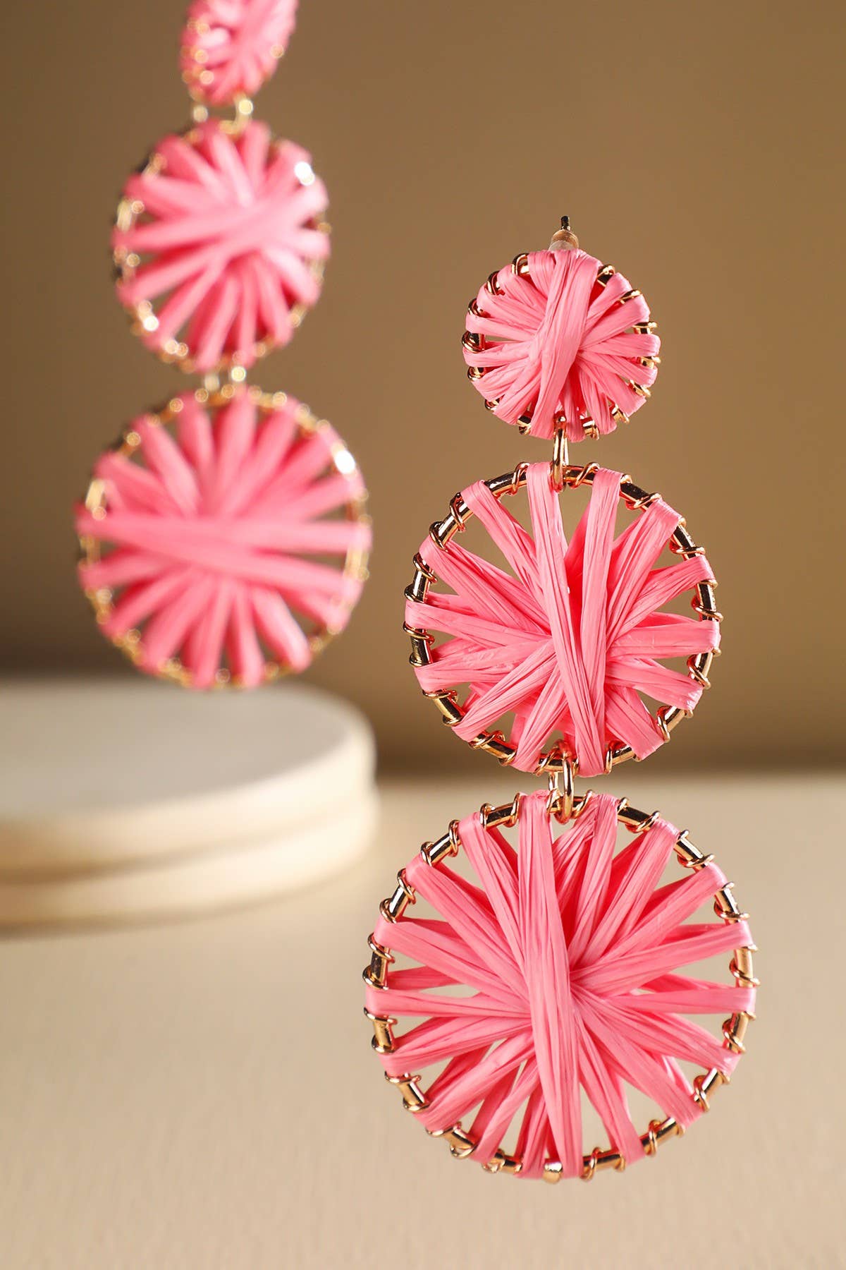 Rainbow Woven Disc Drop Earrings (Triple Statement Dangles)